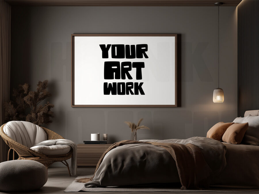 Mockup with empty frame in a cosy warm grey bedroom.