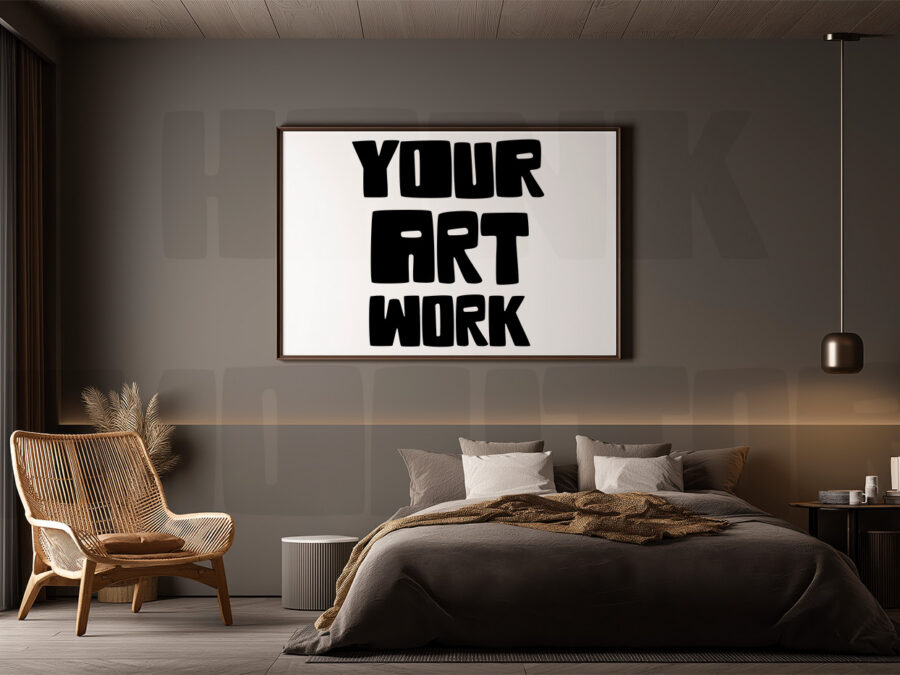 Mockup with empty frame in a cosy warm grey bedroom.