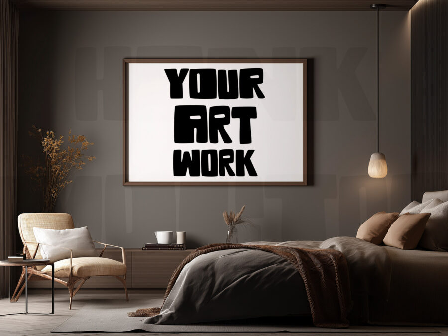 Mockup with empty frame in a cosy warm grey bedroom.