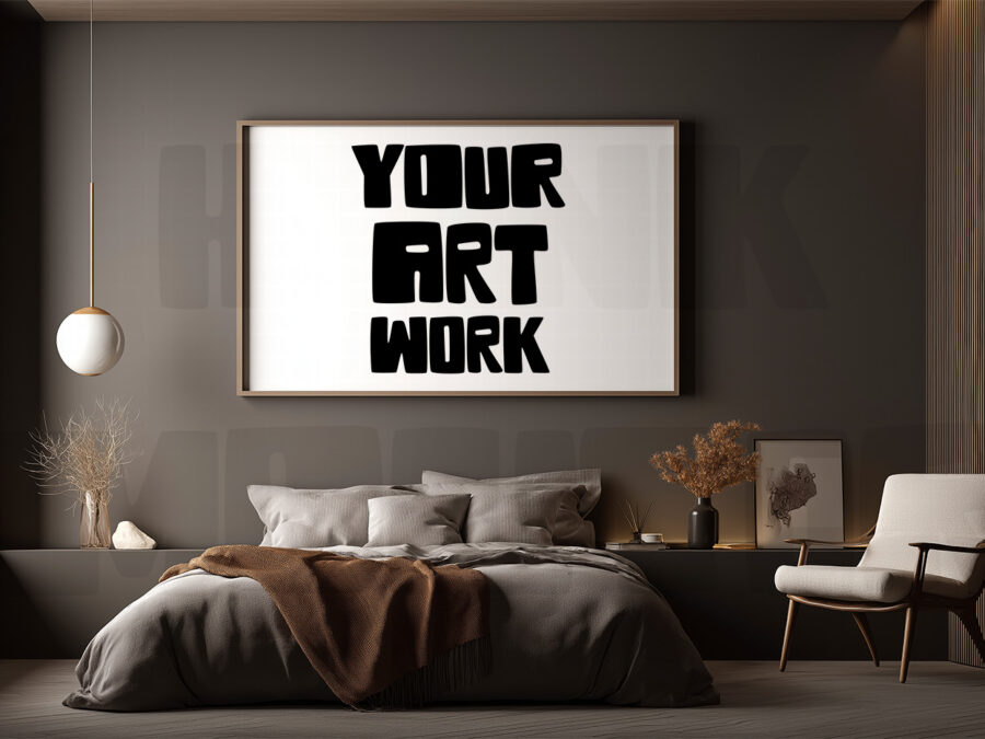 Mockup with empty frame in a cosy warm grey bedroom.