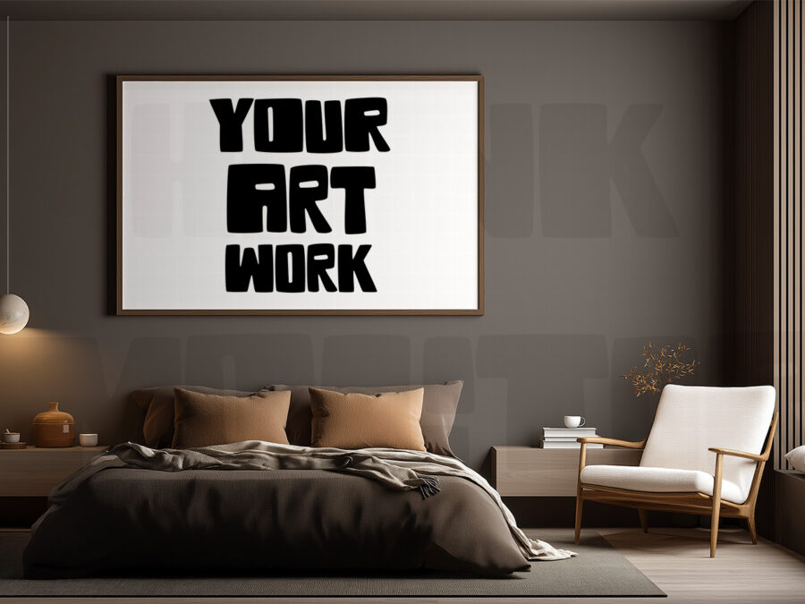 Mockup with empty frame in a cosy warm grey bedroom.