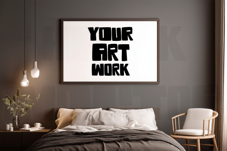 Mockup with empty frame in a cosy warm grey bedroom.