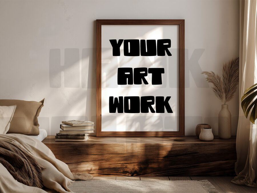 Mockup with empty frame in a cosy warm grey bedroom, California style.