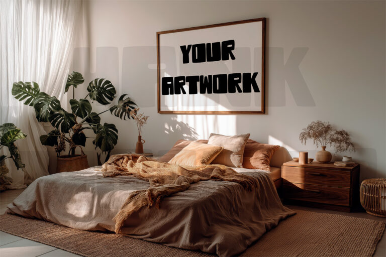 Mockup with empty frame in a cosy warm grey bedroom, California style.