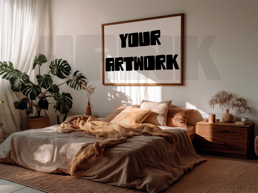 Mockup with empty frame in a cosy warm grey bedroom, California style.