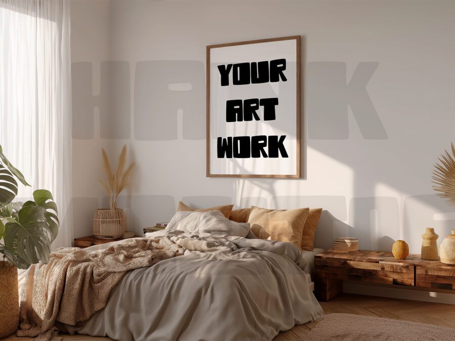 Mockup with empty frame in a cosy warm grey bedroom, California style.