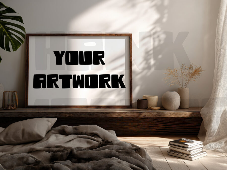 Mockup with empty frame in a cosy warm grey bedroom, California style.