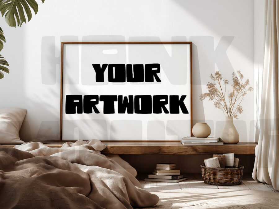 Mockup with empty frame in a cosy warm grey bedroom, California style.