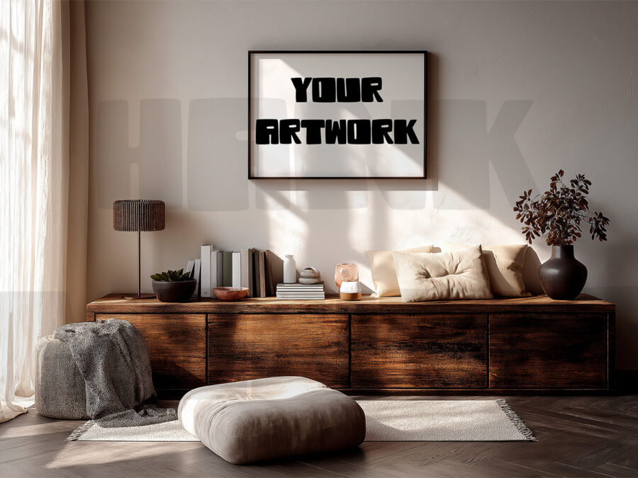 Mockup with empty frame in a cosy warm grey living room, California style.