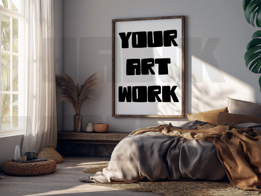 Mockup with empty frame in a cosy warm grey bedroom, California style.