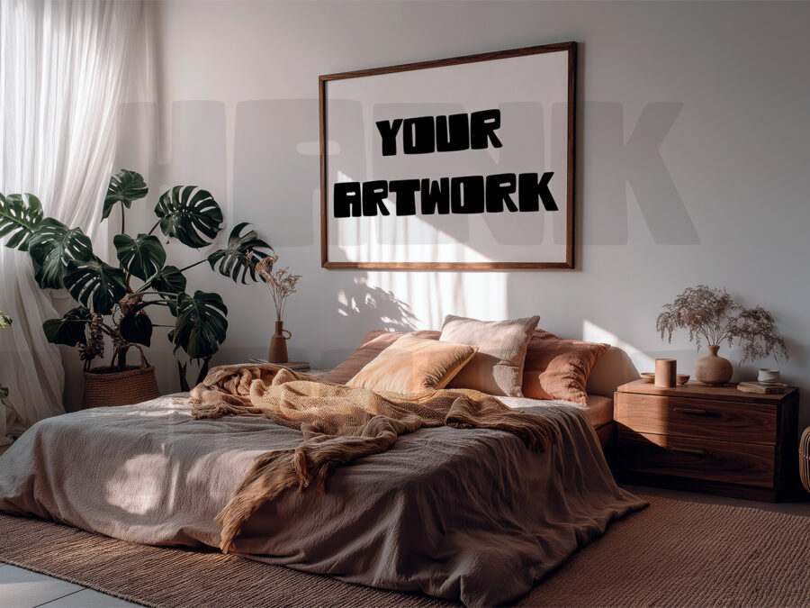 Mockup with empty frame in a cosy warm grey bedroom, California style.
