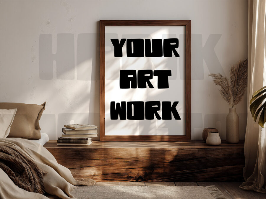 Mockup with empty frame in a cosy warm grey bedroom, California style.