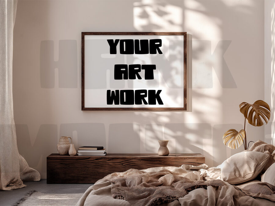 Mockup with empty frame on a gallery wall with visitor.