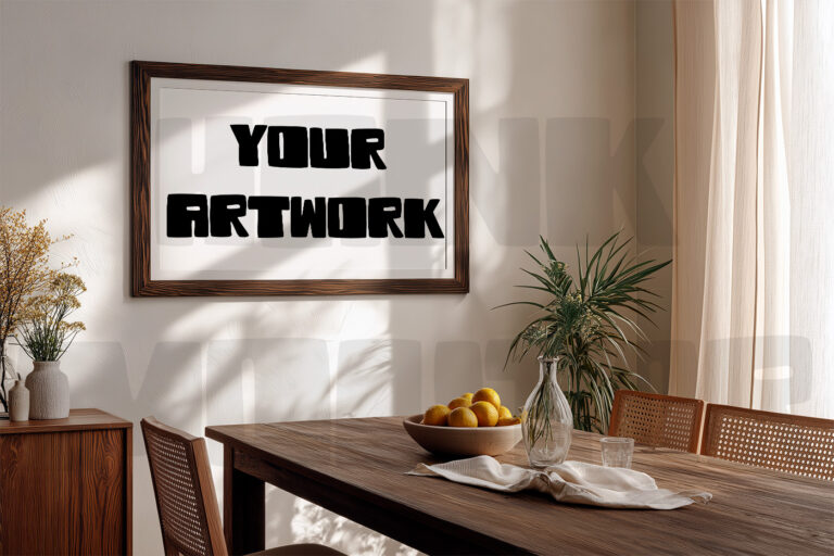 Mockup with empty frame in a cosy warm dining room, California style.