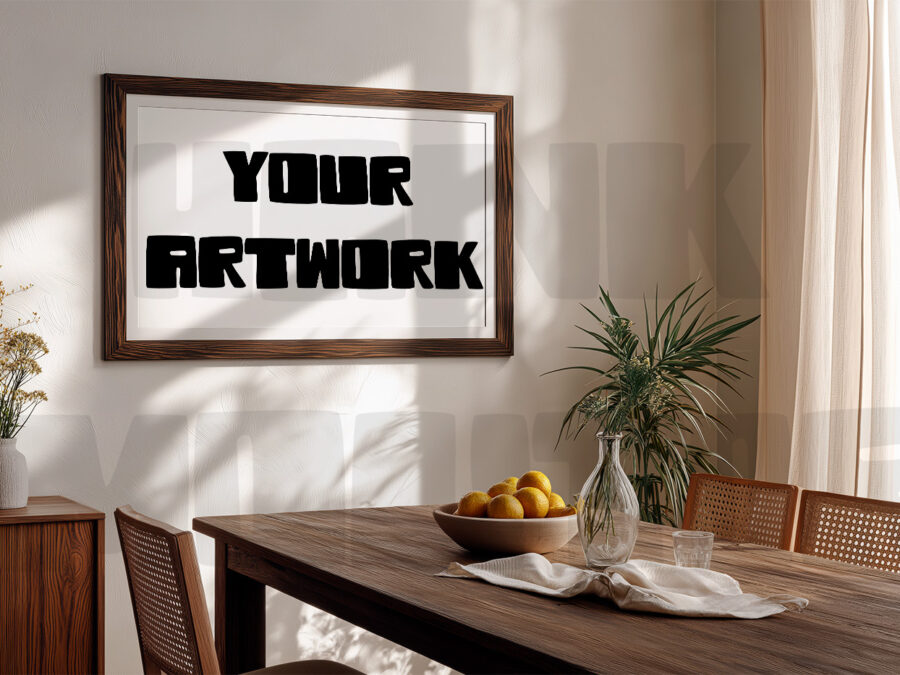 Mockup with empty frame in a cosy warm dining room, California style.