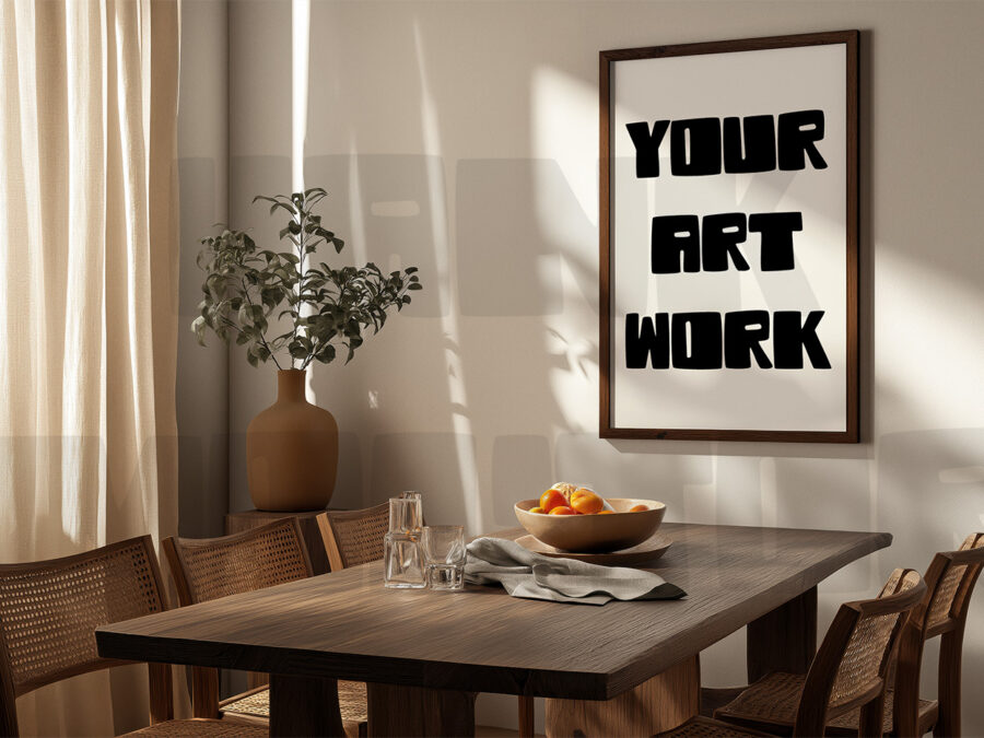 Mockup with empty frame in a cosy warm dining room, California style.