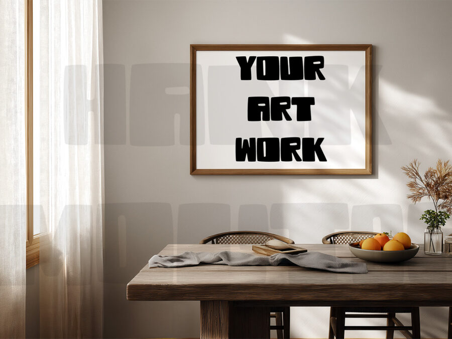Mockup with empty frame in a cosy warm dining room, California style.