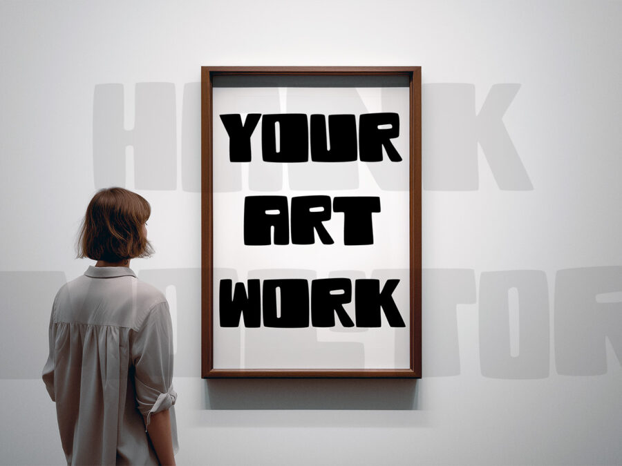 Mockup with empty frame on a gallery wall with visitor.