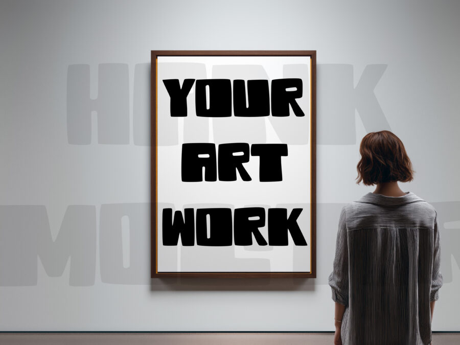 Mockup with empty frame on a gallery wall with visitor.