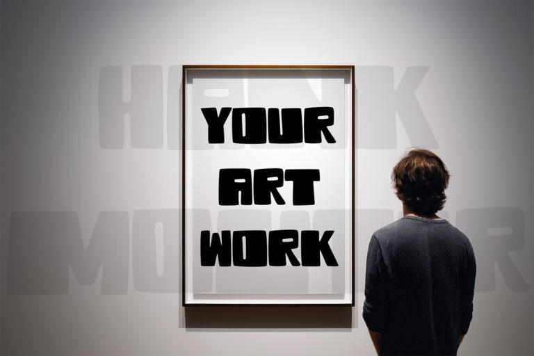 Mockup with empty frame on a gallery wall with visitor.