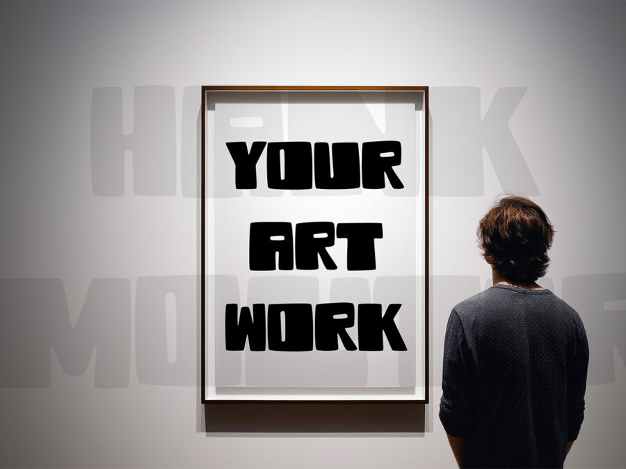 Mockup with empty frame on a gallery wall with visitor.