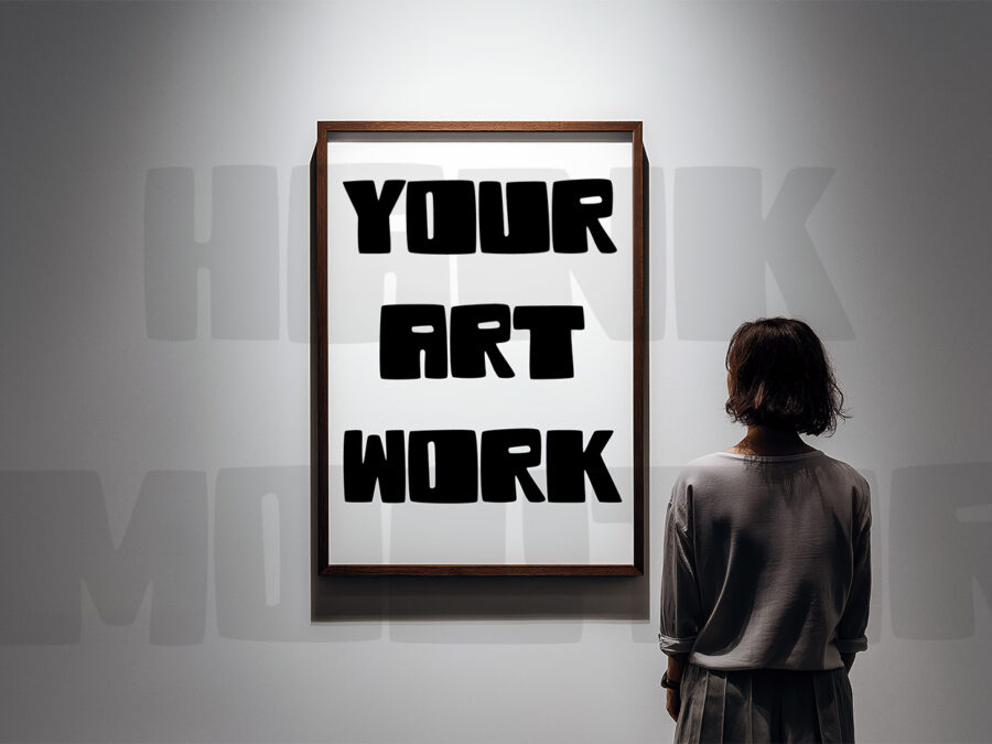Mockup with empty frame on a gallery wall with visitor.