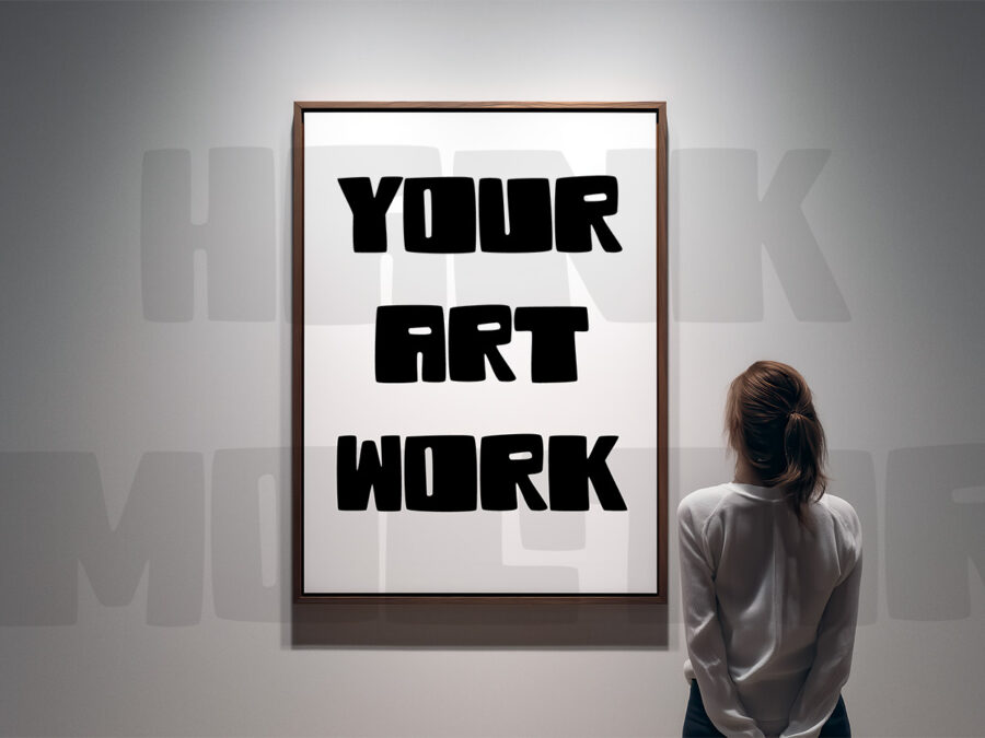 Mockup with empty frame on a gallery wall with visitor.