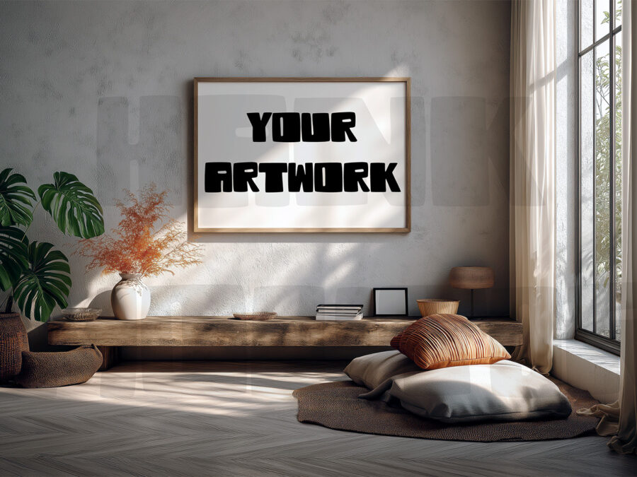 Mockup with empty frame in a cosy warm grey living room, California style.