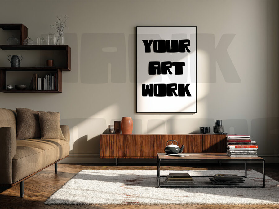 Mockup with empty frame in a cosy warm grey living room, California style.