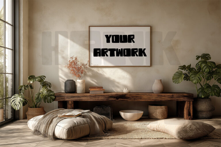 Mockup with empty frame in a cosy warm grey living room, California style.