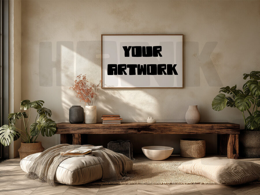 Mockup with empty frame in a cosy warm grey living room, California style.