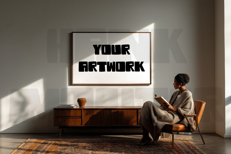 Mockup with empty frame in a modern living room, including a person.