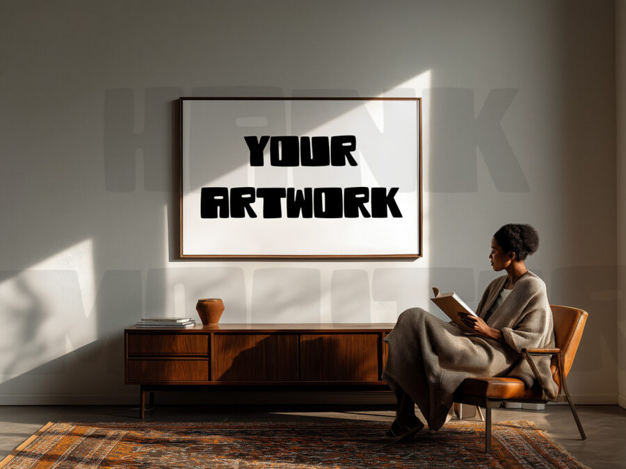 Mockup with empty frame in a modern living room, including a person.